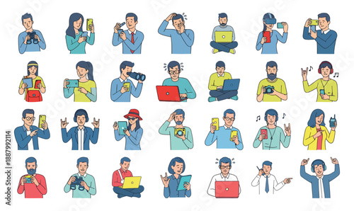 Technology and gadget illustration set with adults using smartphones, laptops, cameras and VR. Modern people characters and digital lifestyle concept