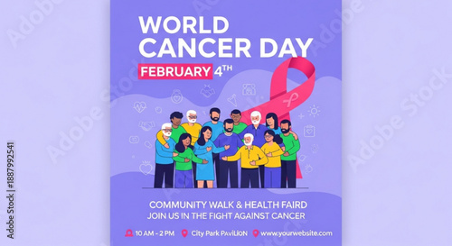 World cancer day poster with people and pink ribbon on purple background