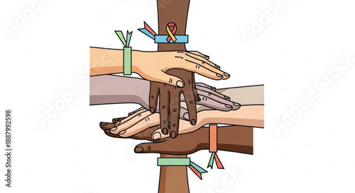 Diverse hands stacked with colorful wristbands on white background