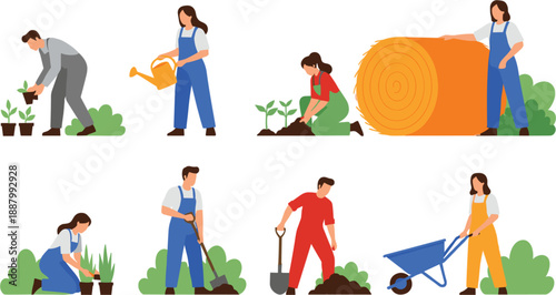 People Gardening and Farming Activities Vector Set with Planting, Watering, Harvesting, and Rural Agricultural Work Scenes for Organic and Eco Design