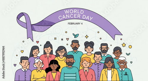 Diverse group of people supporting world cancer day on february 4th with purple ribbon