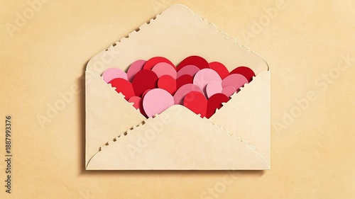 Open envelope filled with numerous heart shapes, symbolizing love and affection