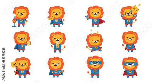 Cute Lion Character Set in Superhero Costume Poses