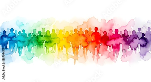 Diverse group of people silhouetted against a vibrant watercolor background representing unity and inclusivity in society