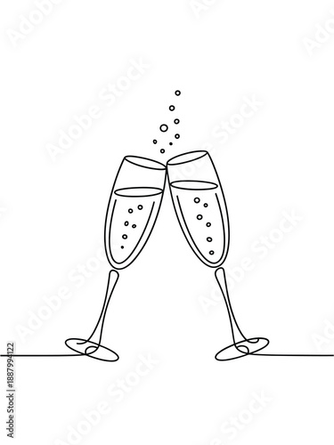 Two champagne glasses clinking together with bubbles rising