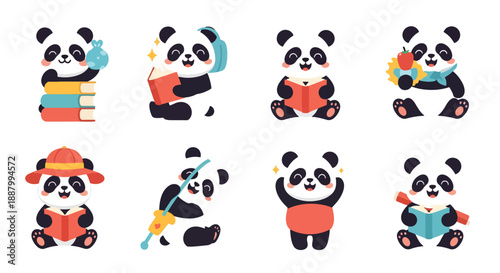 Cute Pandas Reading Books in Different Poses Set