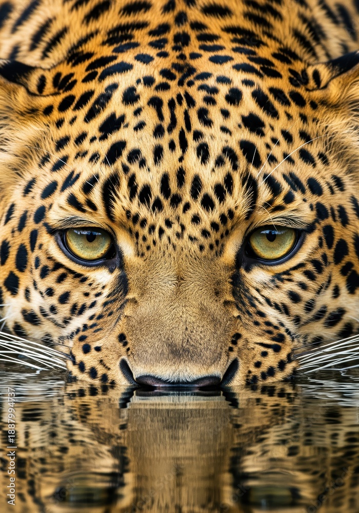 Obraz premium Close Up View Of A Leopard With Intense Green Eyes Peering Over The Surface Of Still Dark Reflective Water