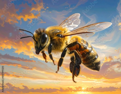 A vibrant, detailed illustration of a honeybee in flight against a beautifully colored sky at sunset, with golden hues