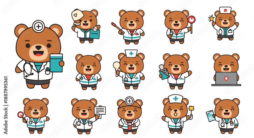 Fototapeta premium Cute Bear Doctor Cartoon Character Poses Set