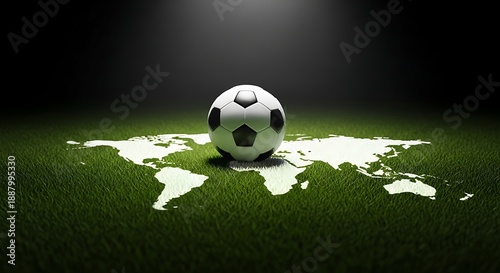Soccer Ball on World Map Grass Field.