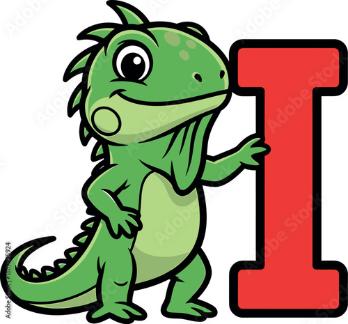 Cute green iguana cartoon character holding letter i alphabet illustration