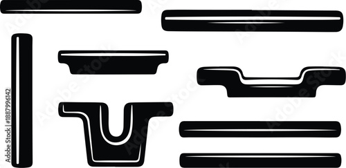 Various black metal profiles and shapes on white background