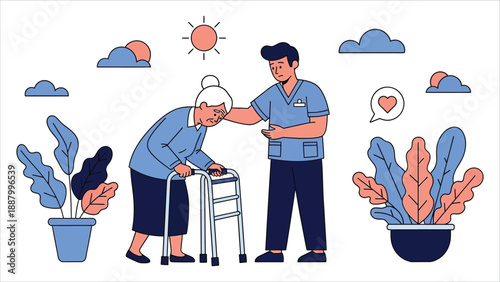  Caregiver and senior woman with walker vector.eps