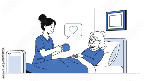 Caregiver assisting senior woman in bed home healthcare vector