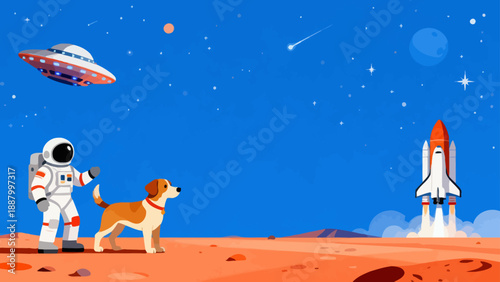 Astronaut and dog on a planet