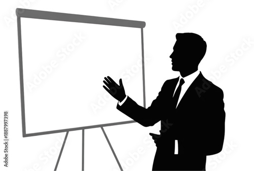 Businessman presenting on blank whiteboard