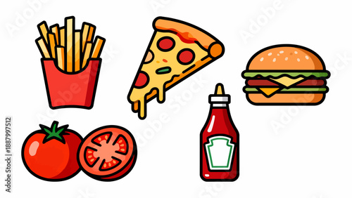 Fast food icons including burger fries pizza and ketchup