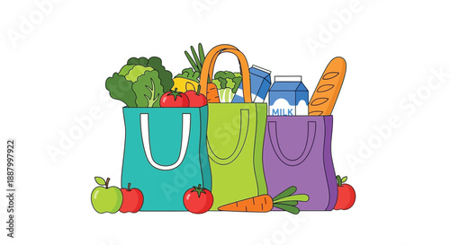 Colorful reusable shopping bags overflowing with fresh groceries represent healthy eating and sustainability goals