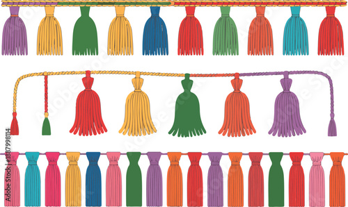 Fringe Trim and Tassel Decorations  Braided Cord and Yarn Skirt Vector Set