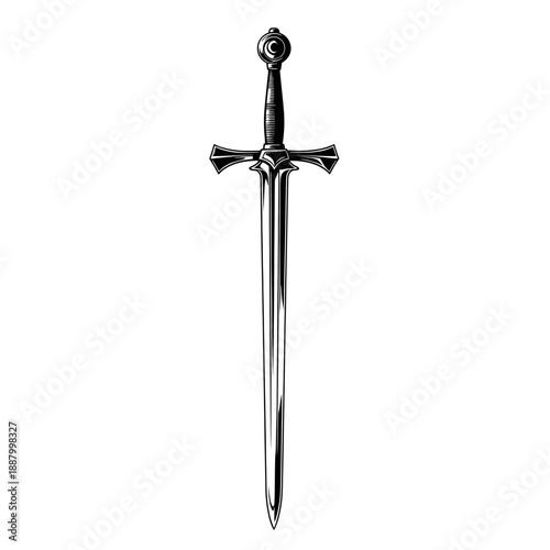 Elegant medieval sword illustration with intricate hilt and gleaming blade ready for battle Vector