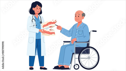 Dentist explaining dentures to senior patient in wheelchair.. eps