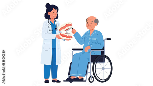 Dentist explaining dentures to senior patient in wheelchair.. eps