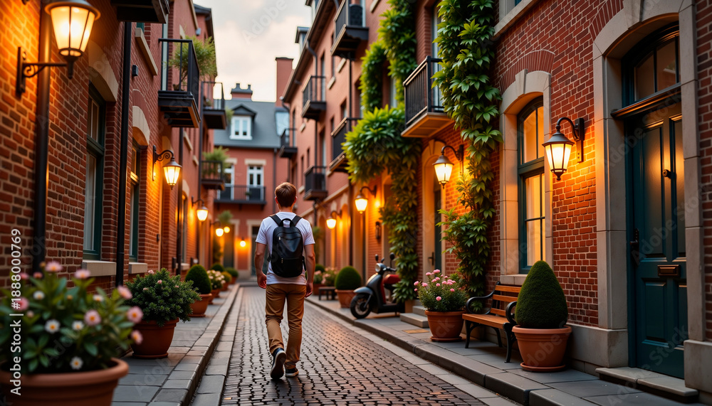 Fototapeta premium Young man walking down a charming cobblestone street at dusk 