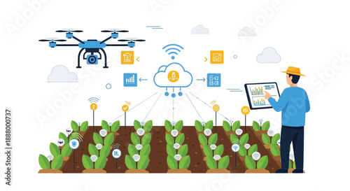 Farmer utilizes smart drone technology and cloud data analysis for precision agriculture management