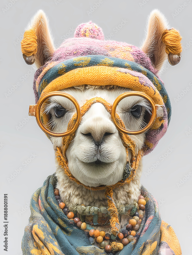 Fototapeta premium Portrait von einem Lama mit Brille und Mütze
