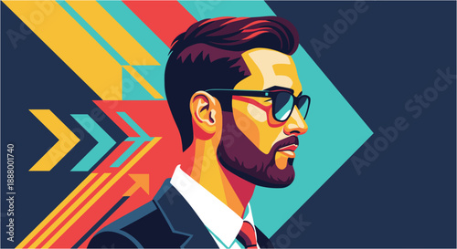 Stylish bearded man in a suit and sunglasses, depicted in a modern flat design vector illustration with dynamic arrow graphics, symbolizing progress and success.