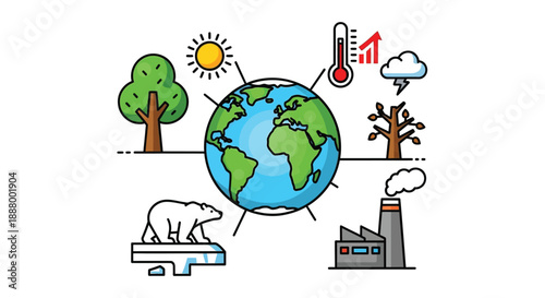 Cartoon illustration displays global warming effects surrounding the planet Earth icon.