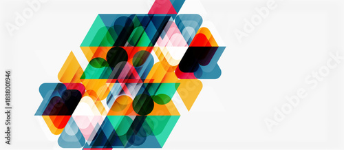 Abstract geometric shapes overlap, creating vibrant colorful pattern. Modern design utilizes transparency, layering for visual interest.