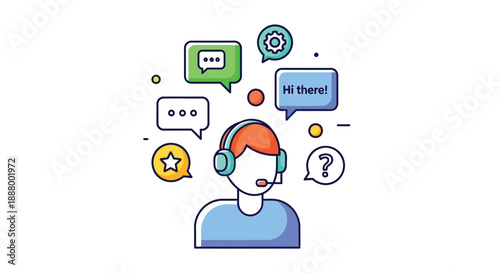Customer support agent wearing a headset surrounded by chat bubbles representing communication and service
