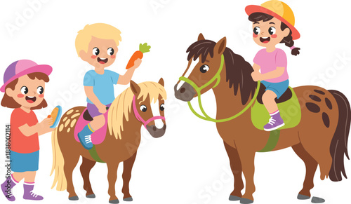 Children and Ponies  Riding, Feeding, and Grooming Vector Illustration Set