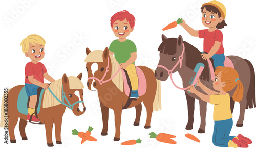 Children and Ponies  Riding, Feeding, and Grooming Vector Illustration Set