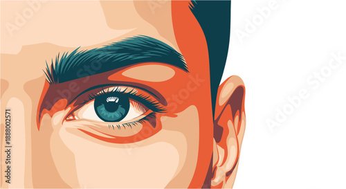 Close-up vector illustration of a man's eye with a blue iris, detailed eyebrow, and part of his ear, showcasing vibrant colors and sharp lines.