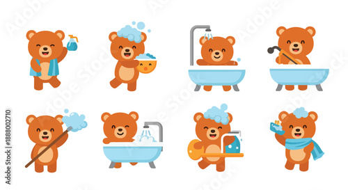 Set Of Cute Cartoon Bears Taking A Bath