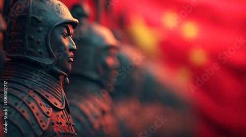 A close-up view of warrior statues in front of a Chinese flag, symbolizing historical heritage and cultural significance.