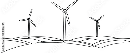 A clean and minimalistic continuous one line drawing of windmills on a landscape, vector illustration
