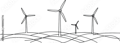 A clean and minimalistic continuous one line drawing of windmills on a hill, vector illustration
