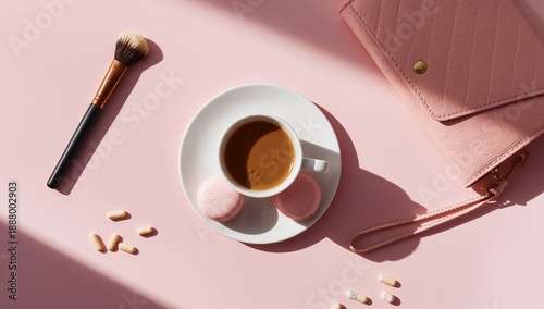 Pink aesthetic flat lay featuring coffee macarons makeup and a wallet