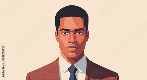 A serious and confident young Black man in a stylish suit and tie, depicted in a modern, flat vector illustration style, exuding professionalism.