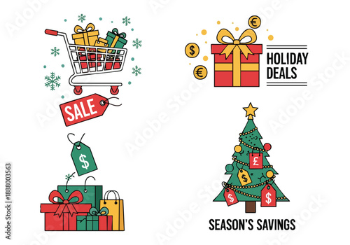 Festive shopping cart with gifts and sales tags alongside holiday deals and a decorated Christmas tree signifying seasonal savings and discounts