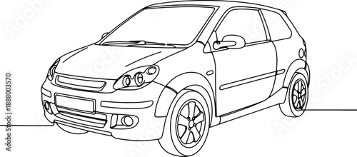 A clean and minimalistic continuous one line drawing of a compact car on a white background, vector illustration