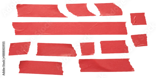 Collection of torn red masking tape pieces, isolated on white background, creative craft supplies element