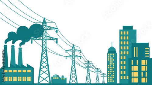 Electric power plant and urban city illustration, high voltage transmission towers, energy distribution infrastructure, industrial pollution concept, flat vector design