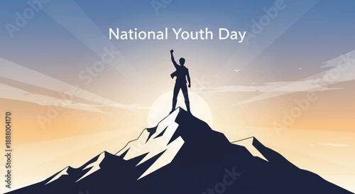 Silhouette of a triumphant person standing on a mountain peak against a radiant sunrise sky, celebrating National Youth Day.