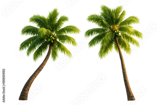 Two tropical coconut palm trees with green fronds and young coconuts, creating an exotic summer island scene, on transparent background