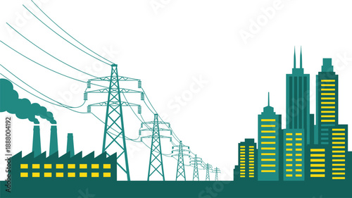 Industrial power plant and modern city skyline illustration, electricity transmission towers, urban energy infrastructure, factory pollution concept, flat vector design