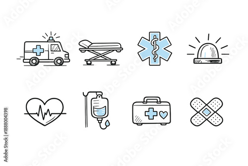 Set of medical icons representing emergency services and healthcare essentials